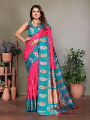 Rani Pink Soft Banarasi Silk Zari Woven Designer Saree with Blouse