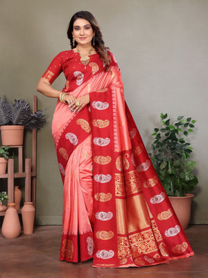 Pink Soft Banarasi Silk Zari Woven Designer Saree with Blouse