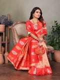Peach Soft Banarasi Silk Zari Woven Designer Saree with Blouse