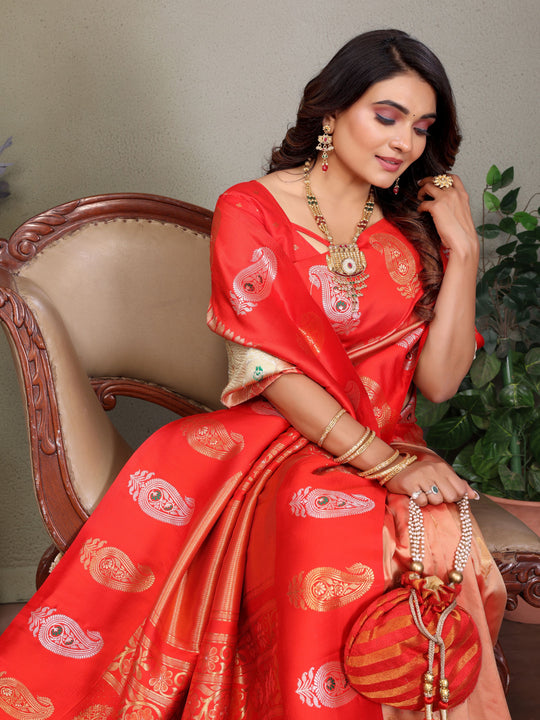 Peach Soft Banarasi Silk Zari Woven Designer Saree with Blouse