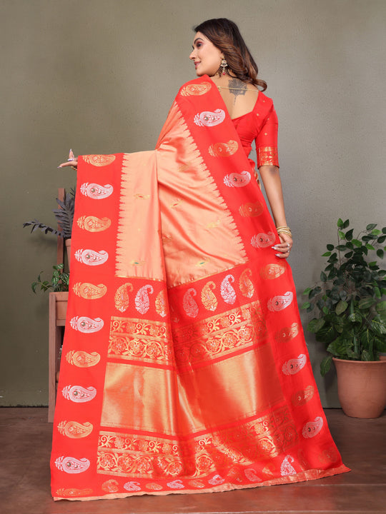 Peach Soft Banarasi Silk Zari Woven Designer Saree with Blouse