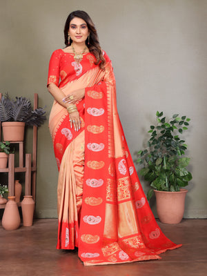 Peach Soft Banarasi Silk Zari Woven Designer Saree with Blouse