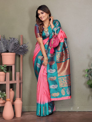 Baby Pink Soft Banarasi Silk Zari Woven Designer Saree with Blouse