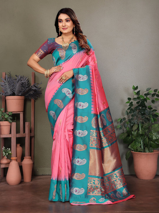 Baby Pink Soft Banarasi Silk Zari Woven Designer Saree with Blouse
