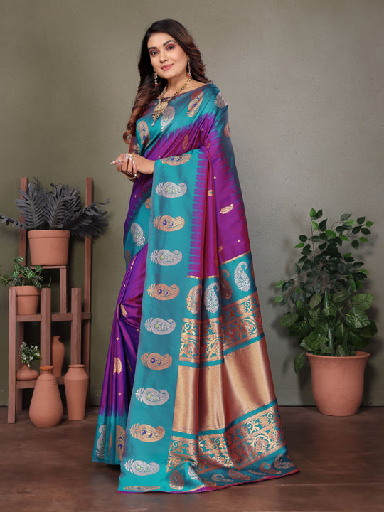 Purple Soft Banarasi Silk Zari Woven Designer Saree with Blouse