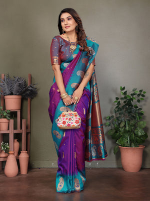 Purple Soft Banarasi Silk Zari Woven Designer Saree with Blouse