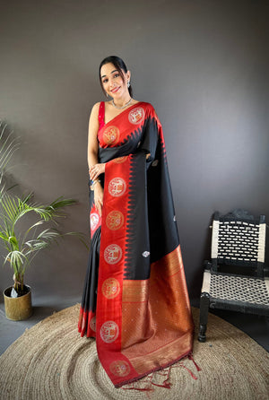 Black Soft Banarasi Silk Zari Woven Designer Saree with Blouse