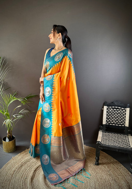 Orange Soft Banarasi Silk Zari Woven Designer Saree with Blouse