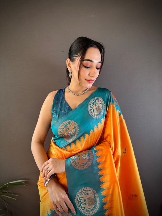 Orange Soft Banarasi Silk Zari Woven Designer Saree with Blouse