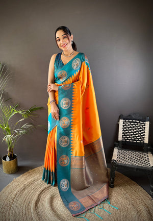 Orange Soft Banarasi Silk Zari Woven Designer Saree with Blouse