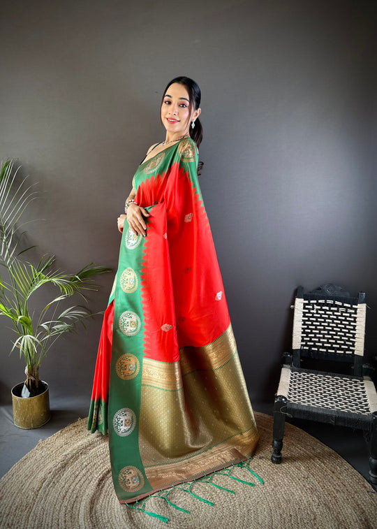 Red Soft Banarasi Silk Zari Woven Designer Saree with Blouse