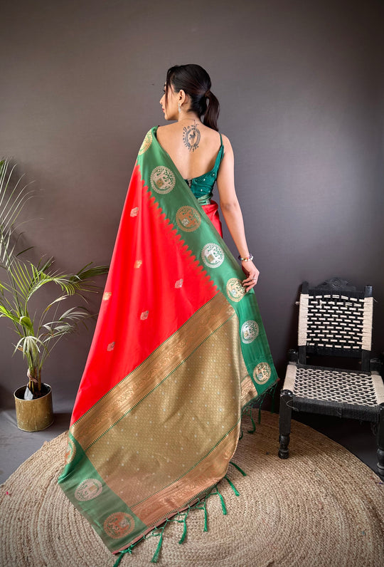 Red Soft Banarasi Silk Zari Woven Designer Saree with Blouse