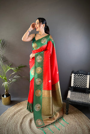 Red Soft Banarasi Silk Zari Woven Designer Saree with Blouse