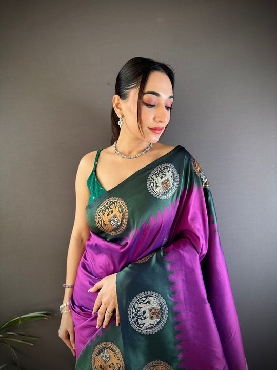 Purple Soft Banarasi Silk Zari Woven Designer Saree with Blouse