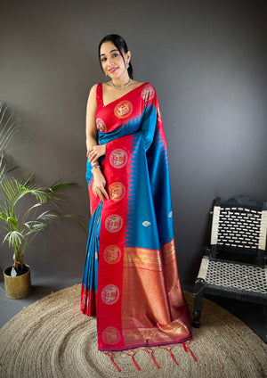 Teal Soft Banarasi Silk Zari Woven Designer Saree with Blouse