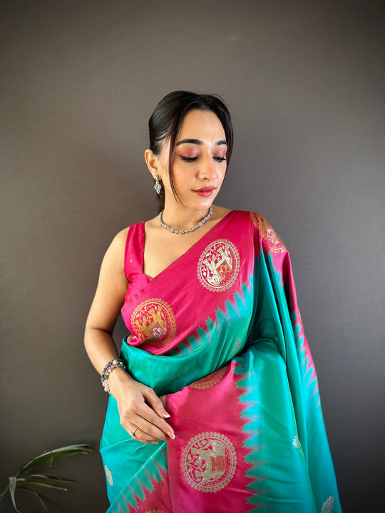 Turquoise Soft Banarasi Silk Zari Woven Designer Saree with Blouse