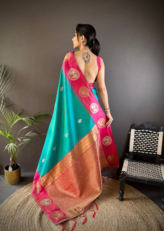 Turquoise Soft Banarasi Silk Zari Woven Designer Saree with Blouse