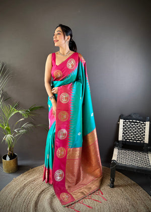 Turquoise Soft Banarasi Silk Zari Woven Designer Saree with Blouse