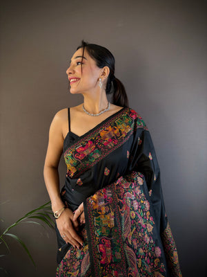Black Pashmina Silk Kashmiri Meena Woven Designer Saree with Blouse