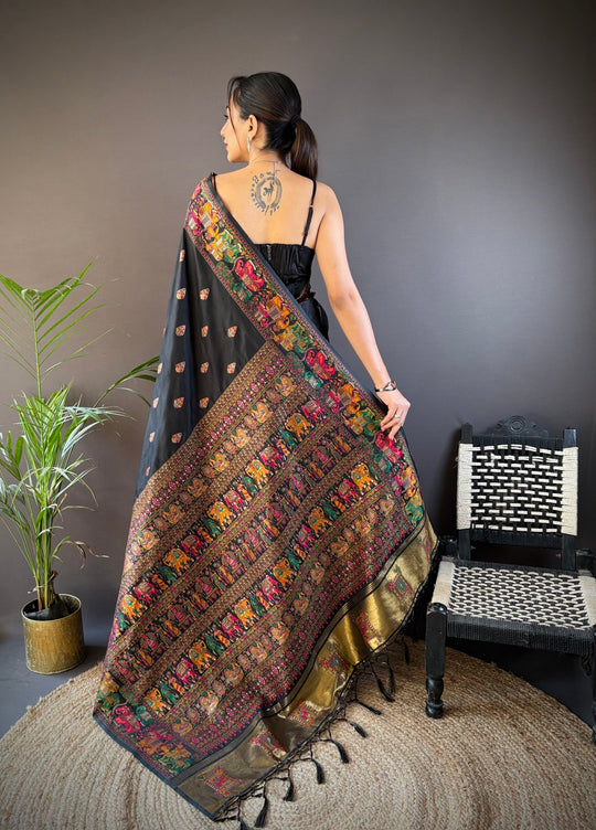 Black Pashmina Silk Kashmiri Meena Woven Designer Saree with Blouse