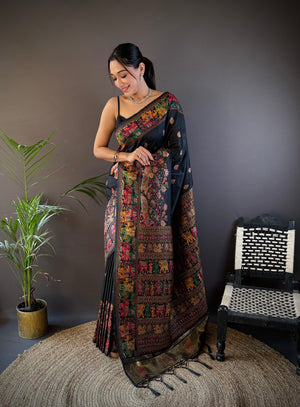 Black Pashmina Silk Kashmiri Meena Woven Designer Saree with Blouse
