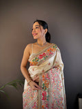 Off White Pashmina Silk Kashmiri Meena Woven Designer Saree with Blouse