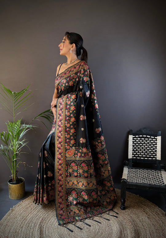 Black Pashmina Silk Kashmiri Meena Woven Designer Saree with Blouse