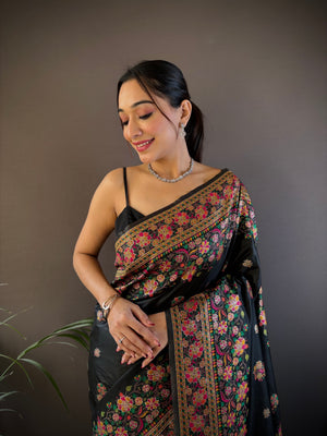 Black Pashmina Silk Kashmiri Meena Woven Designer Saree with Blouse