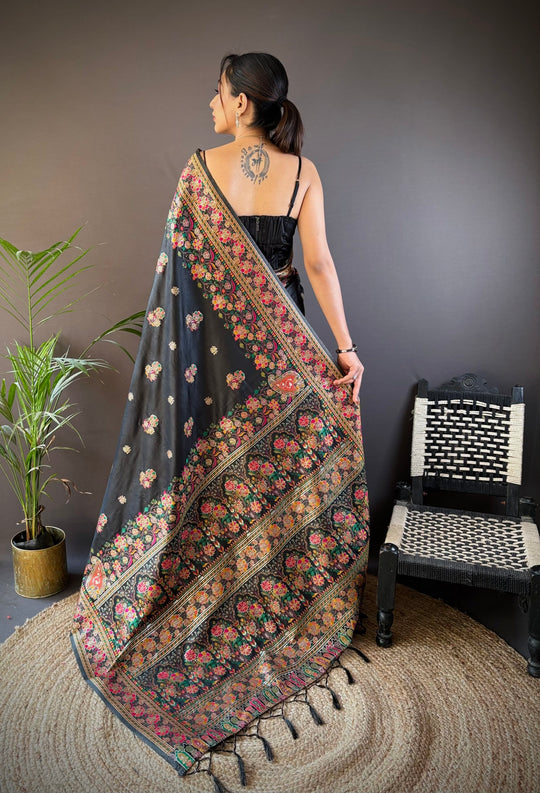 Black Pashmina Silk Kashmiri Meena Woven Designer Saree with Blouse
