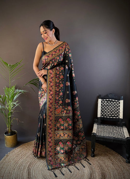 Black Pashmina Silk Kashmiri Meena Woven Designer Saree with Blouse