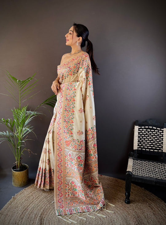 Off White Pashmina Silk Kashmiri Meena Woven Designer Saree with Blouse