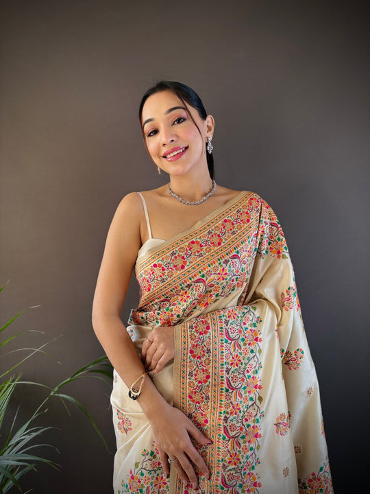 Off White Pashmina Silk Kashmiri Meena Woven Designer Saree with Blouse