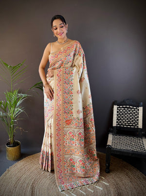 Off White Pashmina Silk Kashmiri Meena Woven Designer Saree with Blouse
