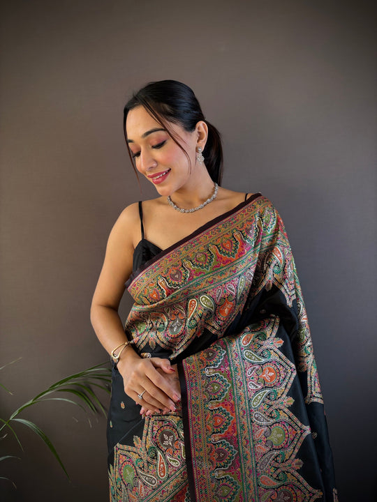 Black Pashmina Silk Kashmiri Meena Woven Designer Saree with Blouse