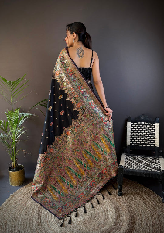 Black Pashmina Silk Kashmiri Meena Woven Designer Saree with Blouse