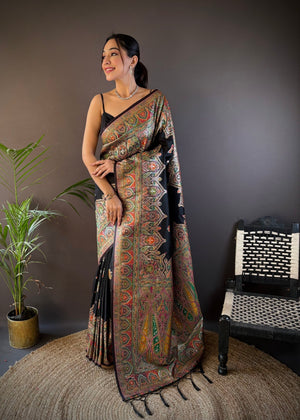 Black Pashmina Silk Kashmiri Meena Woven Designer Saree with Blouse