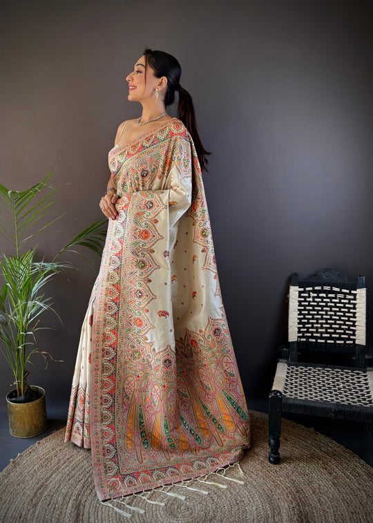 Off White Pashmina Silk Kashmiri Meena Woven Designer Saree with Blouse