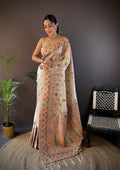 Off White Pashmina Silk Kashmiri Meena Woven Designer Saree with Blouse