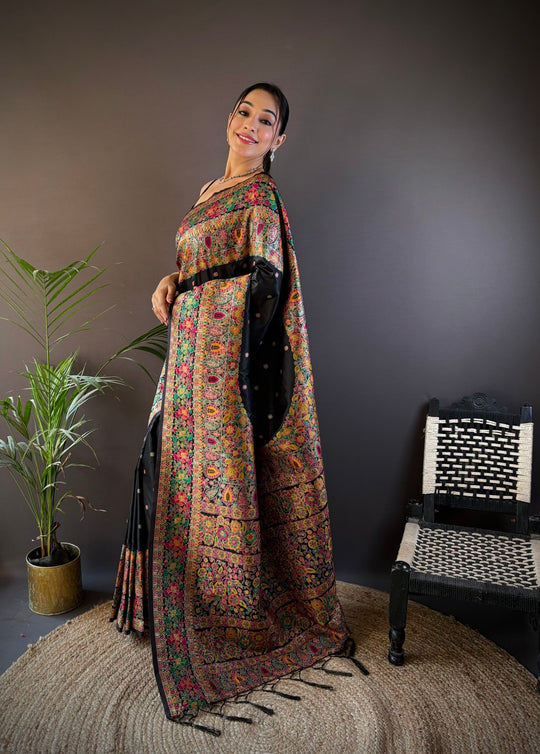 Black Pashmina Silk Kashmiri Meena Woven Designer Saree with Blouse