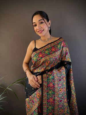 Black Pashmina Silk Kashmiri Meena Woven Designer Saree with Blouse