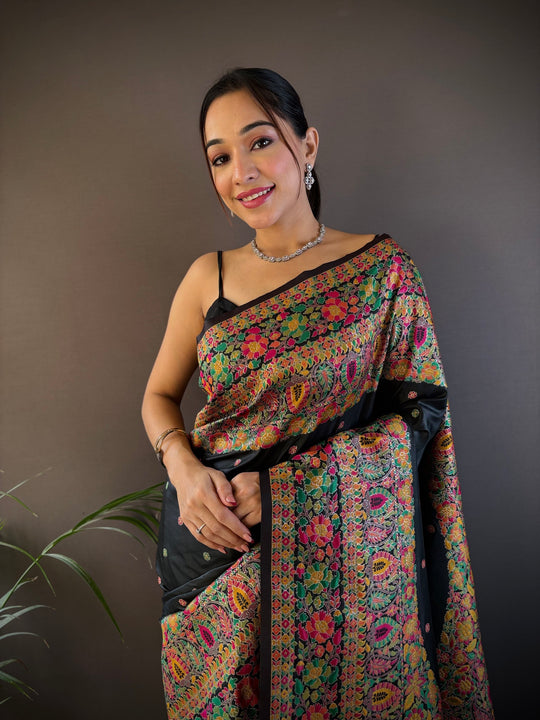Black Pashmina Silk Kashmiri Meena Woven Designer Saree with Blouse