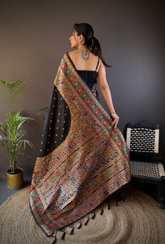 Black Pashmina Silk Kashmiri Meena Woven Designer Saree with Blouse