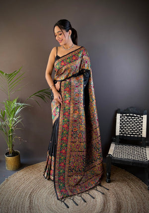Black Pashmina Silk Kashmiri Meena Woven Designer Saree with Blouse