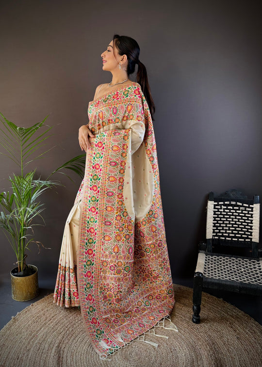 Off White Pashmina Silk Kashmiri Meena Woven Designer Saree with Blouse