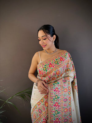 Off White Pashmina Silk Kashmiri Meena Woven Designer Saree with Blouse