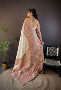 Off White Pashmina Silk Kashmiri Meena Woven Designer Saree with Blouse