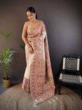 Off White Pashmina Silk Kashmiri Meena Woven Designer Saree with Blouse
