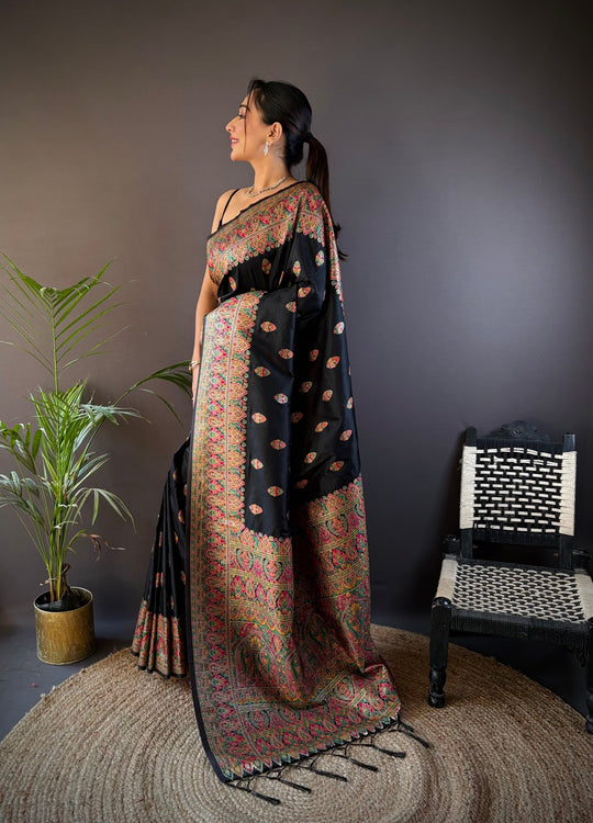 Black Pashmina Silk Kashmiri Meena Woven Designer Saree with Blouse