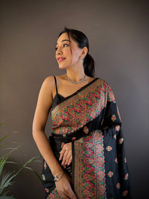 Black Pashmina Silk Kashmiri Meena Woven Designer Saree with Blouse