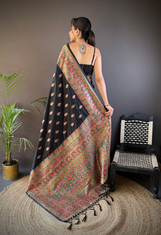Black Pashmina Silk Kashmiri Meena Woven Designer Saree with Blouse